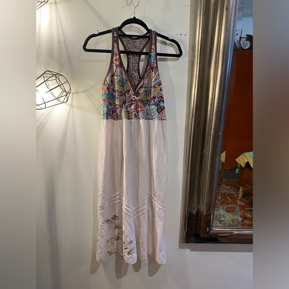 OOAK Upcycled Athleta yoga top linen skirt Floral Multicolor Halter Dress